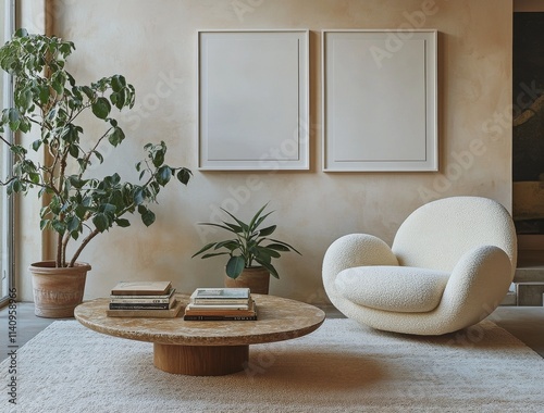 Bright, cozy living room featuring empty frames and indoor plants at midday