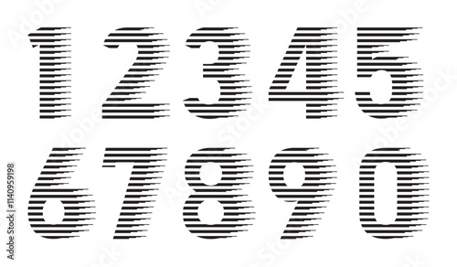 Set of Modern Number Font 0, 1, 2, 3, 4, 5, 6, 7, 8, 9, with horizontal speed line pattern. Lined Numbers style, Set of ten numbers form zero to nine. Template black numbers vector illustration.