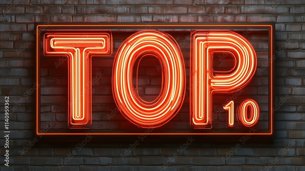 Obraz premium Top 10 Glowing Neon Sign on Brick Wall Background