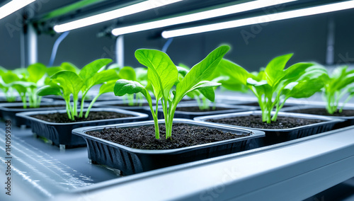 Close-up of Plants in a Plant Growth Chamber with LED Lights