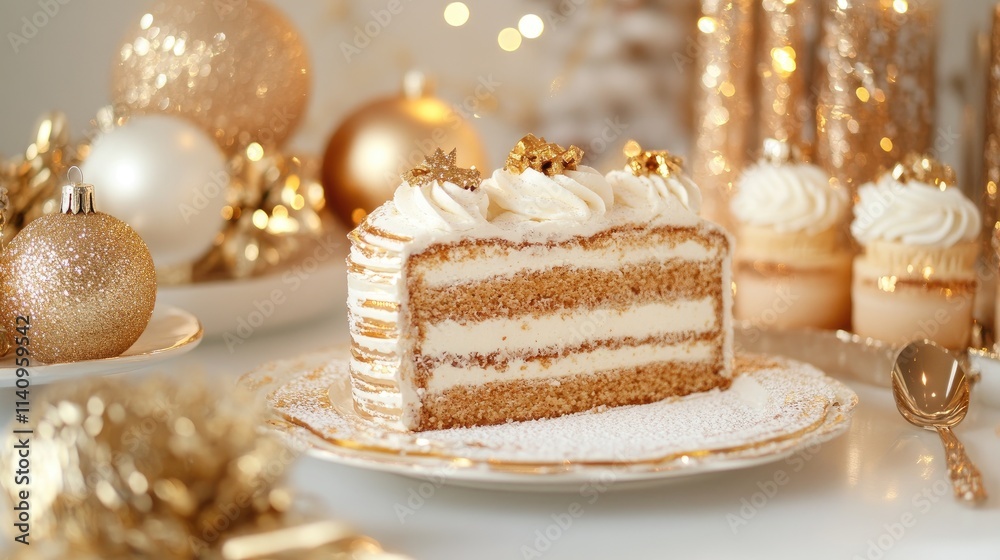 Delicious slice of layered cake with frosting and gold decorations, served on a plate with cupcakes and Christmas ornaments. Delicious slice of layered cake with frosting and gold decorations, served on a plate with cupcakes and Christmas ornaments.