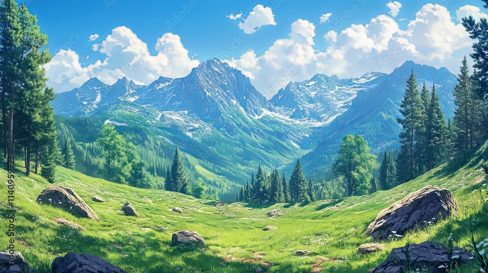 Spring and summer mountains with coniferous trees Spring and summer mountains with coniferous trees