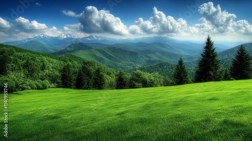 Spring and summer mountains with coniferous trees