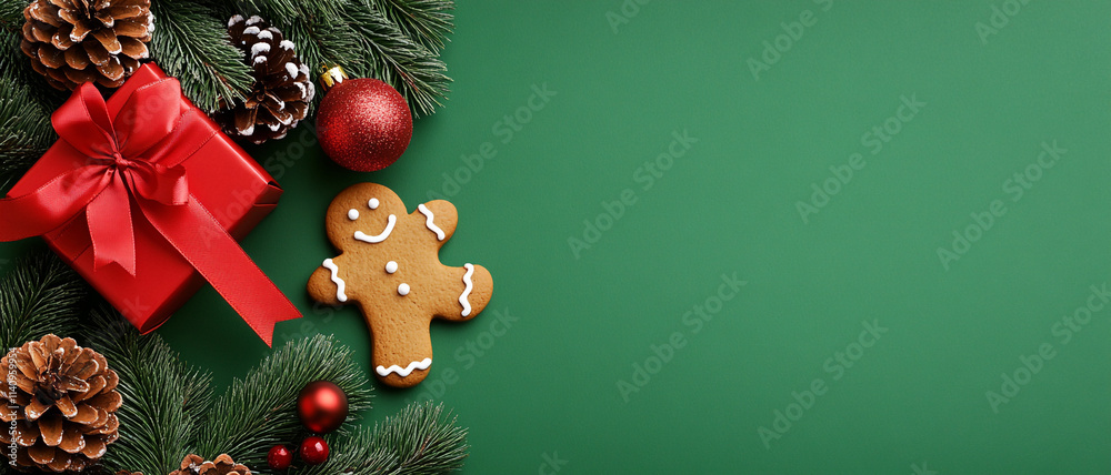 Festive Green Background with Red Ribbon, Pine Cones, and Gingerbread Festive Green Background with Red Ribbon, Pine Cones, and Gingerbread