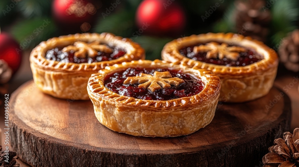 Closeup image of mouthwatering mince pies on rustic board Closeup image of mouthwatering mince pies on rustic board