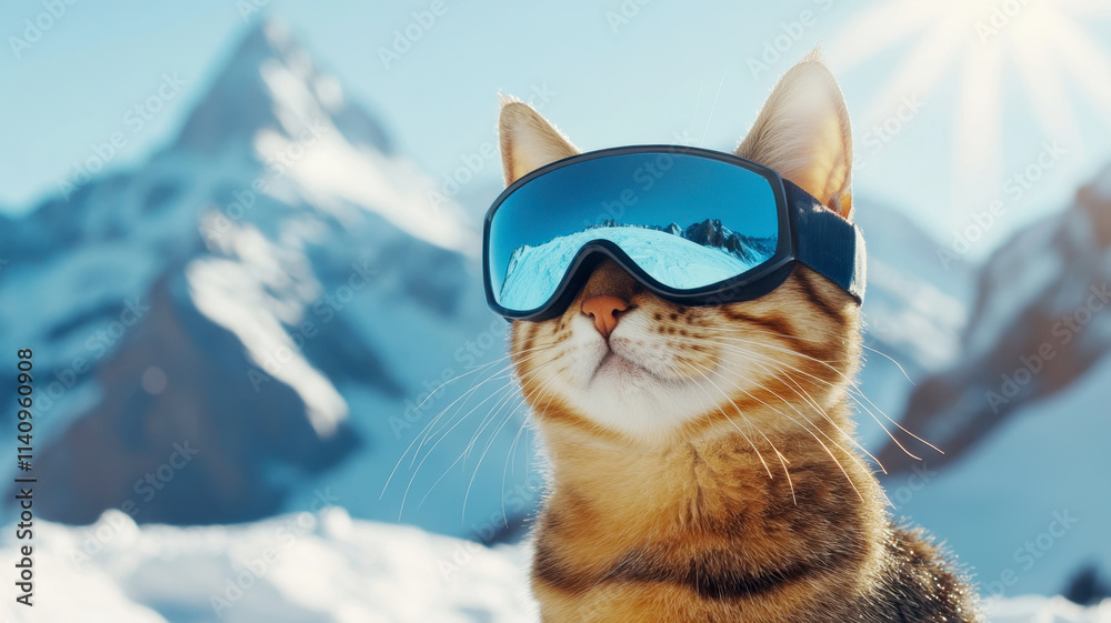 Cat wearing ski goggles in a snowy mountain winter landscape background, reflecting the bright sunlight and majestic peaks Cat wearing ski goggles in a snowy mountain winter landscape background, reflecting the bright sunlight and majestic peaks