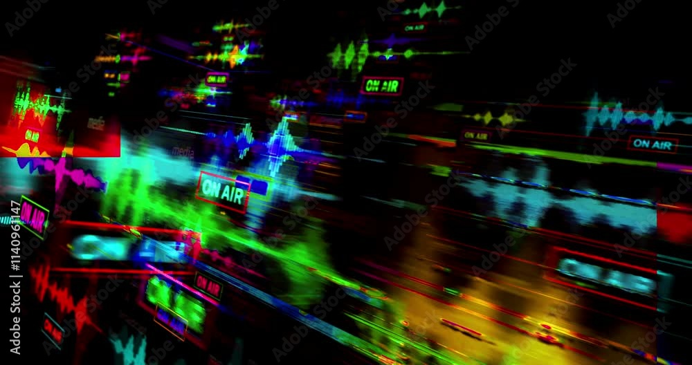 On air studio live record with audio spectrum symbol technology loop concept. Abstract sign on glitch screens seamless and looped. On air studio live record with audio spectrum symbol technology loop concept. Abstract sign on glitch screens seamless and looped.