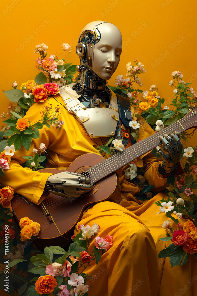 Fototapeta premium A robot sitting in a yellow dress playing a guitar surrounded by flowers