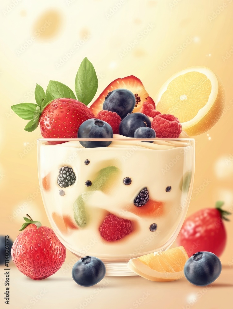 Fruity Milk Pudding, sweet vanilla silk pudding dessert with fruit topping background , Poster design, realistic, HD, copy space Fruity Milk Pudding, sweet vanilla silk pudding dessert with fruit topping background , Poster design, realistic, HD, copy space