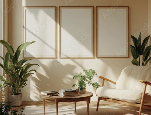 Bright, cozy living room featuring empty frames and indoor plants at midday