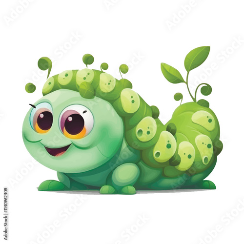 3d Cute cartoon smiling bright green caterpillar with spots and big friendly eyes. Happy fun beautiful cartoon insect on white background. Vector textured design. Butterfly.