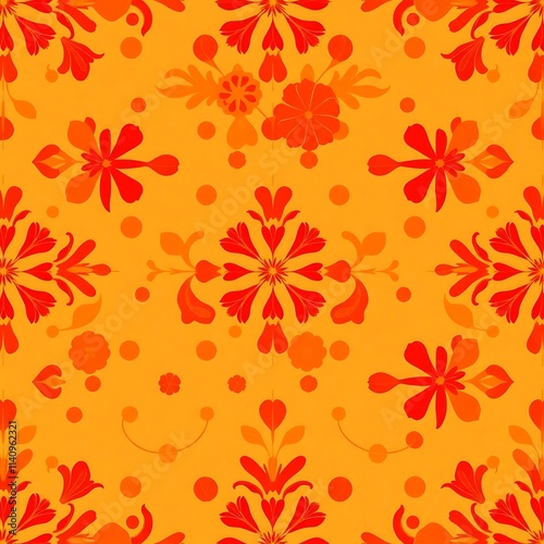 Wallpaper Mural Vibrant Floral Damask Pattern:  A seamless textile design in warm, sunny hues of orange and red, featuring a repeating floral damask pattern. Perfect for fabrics, wallpapers. Torontodigital.ca