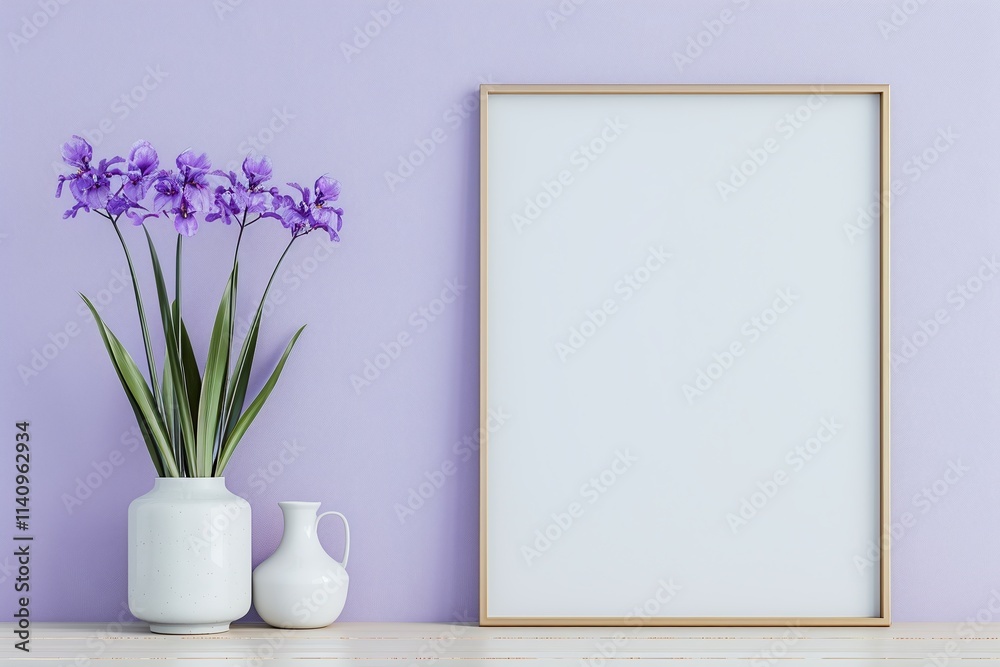 Vertical Frame with Purple Irises on Lilac Background, Minimalist Interior Decor, Floral Arrangement in White Vases, Large Copy Space for Text or Artwork, Portrait Format.
Vertical Frame with Purple Irises on Lilac Background, Minimalist Interior Decor, Floral Arrangement in White Vases, Large Copy Space for Text or Artwork, Portrait Format.