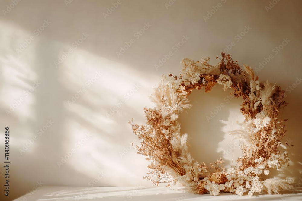 This delicate wreath features an elegant blend of soft-hued dried flowers, beautifully set against a simple background, radiating warmth and sophistication. This delicate wreath features an elegant blend of soft-hued dried flowers, beautifully set against a simple background, radiating warmth and sophistication.