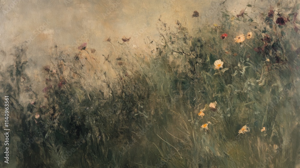 Vibrant meadow filled with blooming flowers in soft golden light at sunset Vibrant meadow filled with blooming flowers in soft golden light at sunset