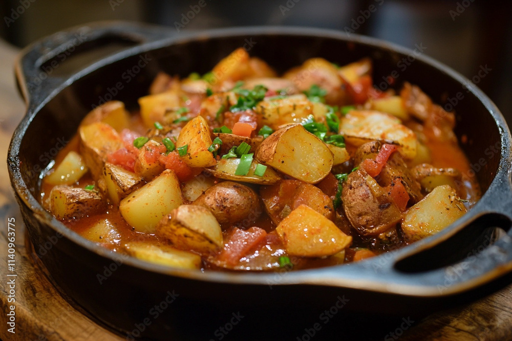 Hearty Cajun potato soup with herbs, tomatoes, and spices in a pot Hearty Cajun potato soup with herbs, tomatoes, and spices in a pot