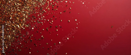 Shimmering golden confetti cascading against a vibrant red background in festive celebration