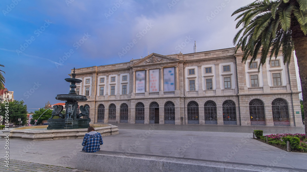 Obraz premium Natural History Museum of Porto University building in Gomes Teixeira Square timelapse hyperlapse. Porto, Portugal.