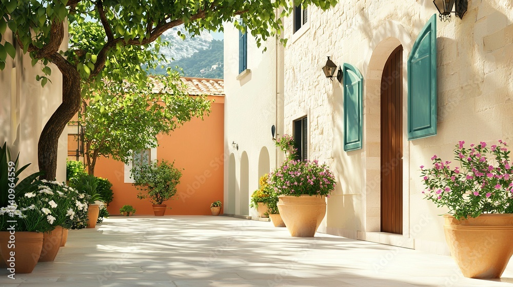Fototapeta premium Potted plants line building side, adjacent to sidewalk and tree