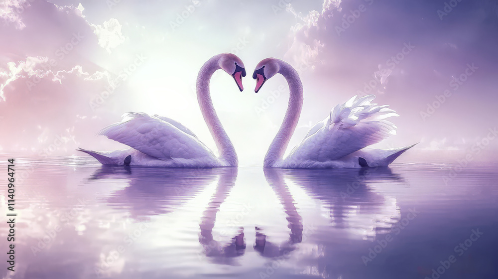 Naklejka premium watercolor depiction of swan couple forming heart shape, symbolizing love and unity