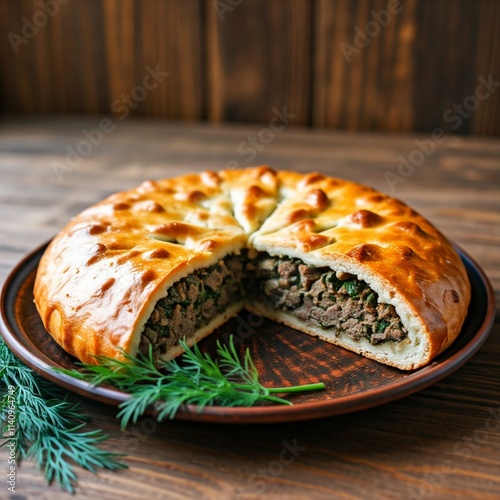 Perfectly Baked Ossetian Pie Stuffed with Savory Meat and Juicy Herbs photo