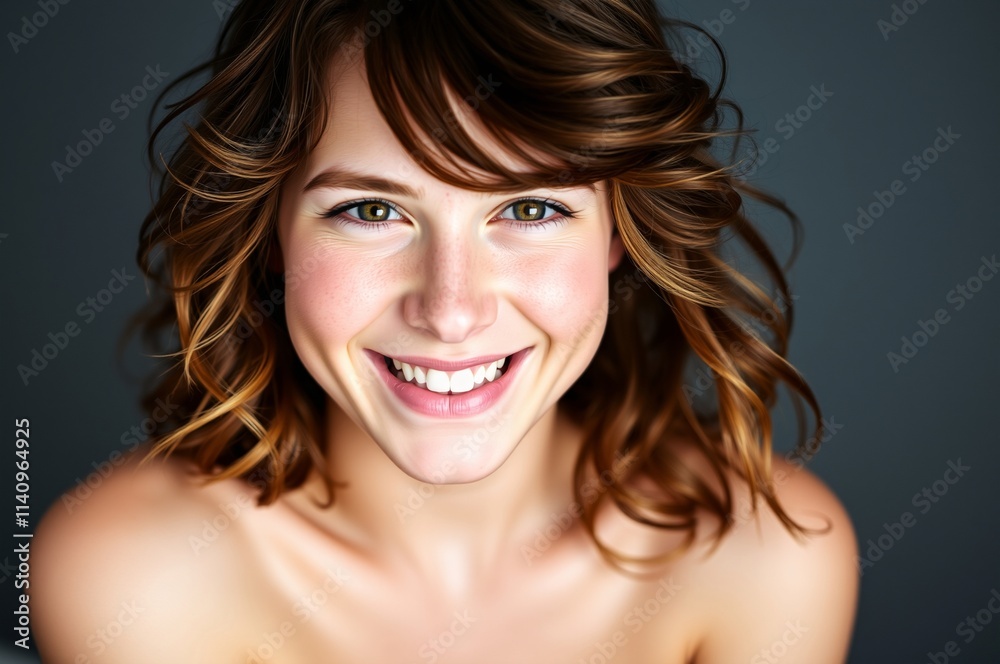 Close-Up Portrait of a Smiling Young Woman with Curly Hair and Natural Makeup Close-Up Portrait of a Smiling Young Woman with Curly Hair and Natural Makeup