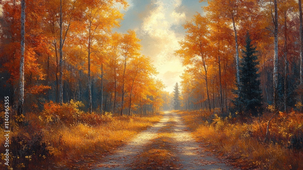 Obraz premium Autumnal forest path, golden leaves, sunlit scene.