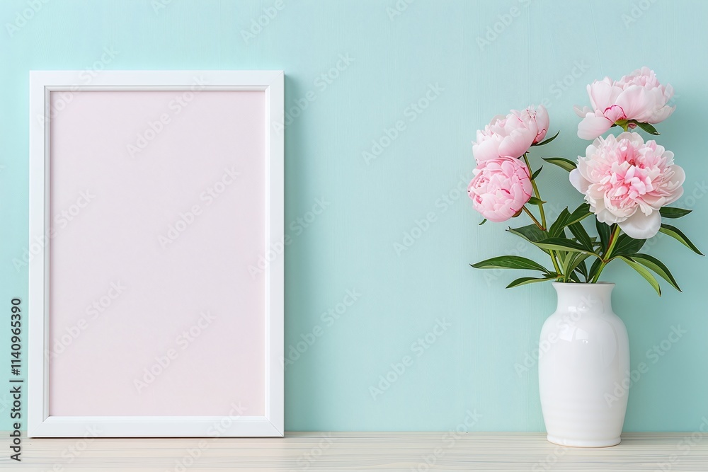 Vertical Frame with Pink Peonies on Blue Background, Minimalist Spring Decor, Floral Arrangement in White Vase, Large Copy Space for Text or Artwork, Portrait Format.
Vertical Frame with Pink Peonies on Blue Background, Minimalist Spring Decor, Floral Arrangement in White Vase, Large Copy Space for Text or Artwork, Portrait Format.