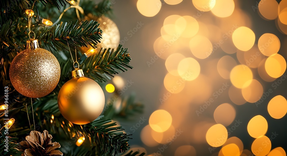 Gold Ornaments Adorn Christmas Tree With Warm Lights Gold Ornaments Adorn Christmas Tree With Warm Lights