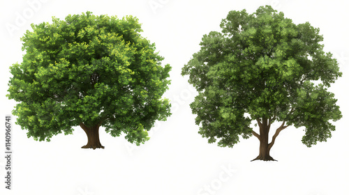 Top view of quercus ilex tree set isolated on transparent or white background, png. Arboreal. Illustration