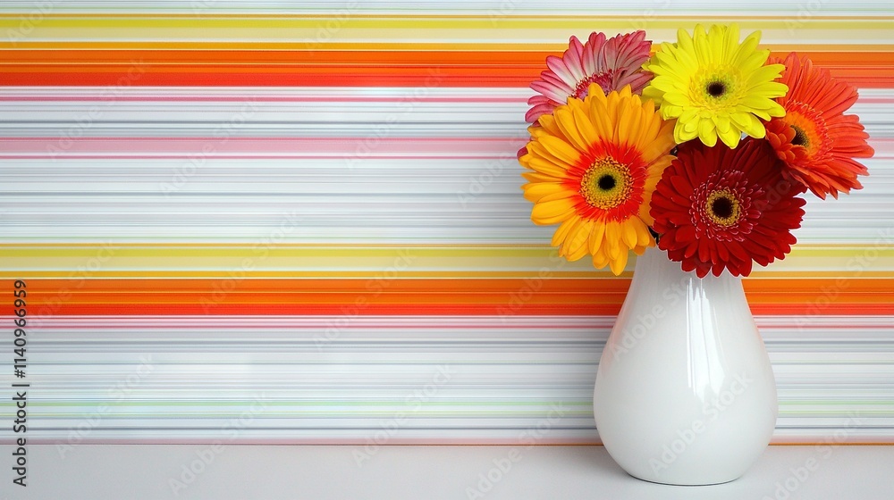A vase with red, yellow, and orange flowers is placed against a multicolored striped wall It stands out against the backdrop of a white vase filled with colorful flowers A vase with red, yellow, and orange flowers is placed against a multicolored striped wall It stands out against the backdrop of a white vase filled with colorful flowers
