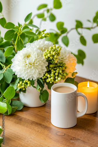 Wallpaper Mural A cup of coffee sitting on a table next to a vase of flowers and a candle Torontodigital.ca