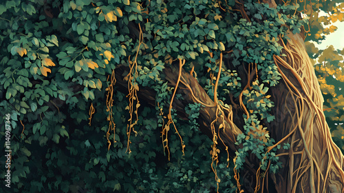 Vines and creepers entwine tree trunks, entwined branches, arboreal tendrils, climbing plants, tropical vines, forest creepers. Arboreal. Illustration