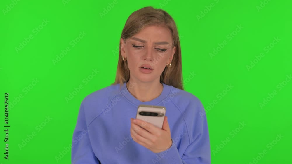 Woman Shocked by Loss on Phone on Green Background Woman Shocked by Loss on Phone on Green Background