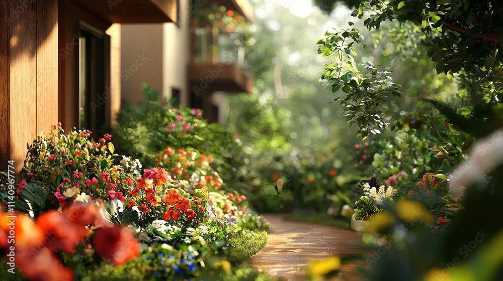 Naklejka premium A garden brimming with vibrant blossoms beside a towering edifice, lush with verdant foliage