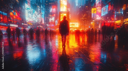 Rainy night, neon city, lone figure. photo