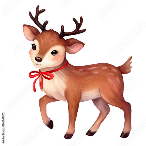 Cute deer, reindeer with red bow. Merry Christmas and happy new year greeting card. watercolor illustration. Hand drawn
