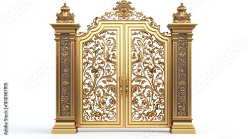 Luxury closed golden door, an isolated vintage gate, elegant entry or exit to a beautiful home, retro design and classic architecture, white background.