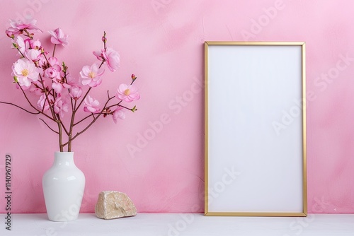Vertical Frame with Pink Blossoms and Stone, Pink Background, Minimalist Spring Decor, Floral Arrangement in White Vase, Large Copy Space, Portrait Format.

