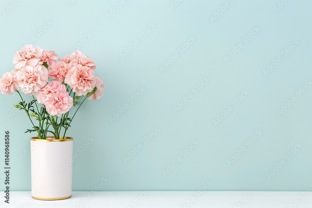 Pink Carnations in White Vase on Blue Background, Minimalist Floral Still Life, Spring or Summer Decor, Large Copy Space for Text or Design, Horizontal Format.
Pink Carnations in White Vase on Blue Background, Minimalist Floral Still Life, Spring or Summer Decor, Large Copy Space for Text or Design, Horizontal Format.