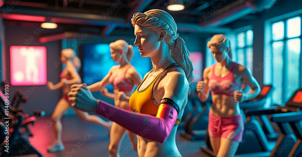 Obraz premium Greek-style female statues running on treadmills in a modern gym, combining classical art with contemporary fitness themes and vibrant lighting.