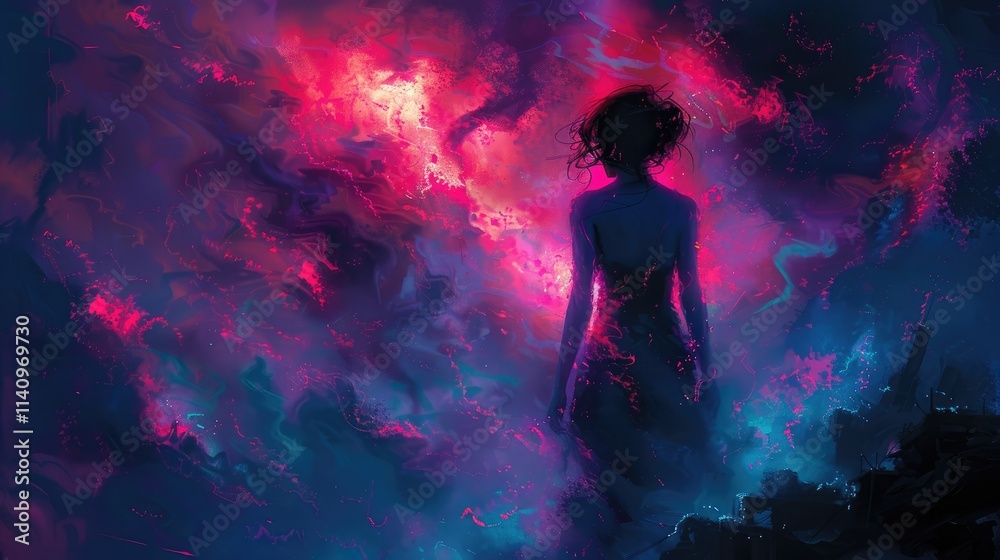 A figure stands amidst a vibrant cosmic backdrop of swirling colors and ethereal light.