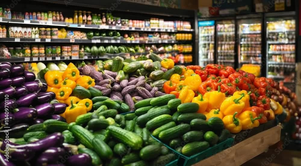 The vibrant grocery store shelves are a feast for the eyes, displaying an array of fresh vegetables in a stunning cinematic style