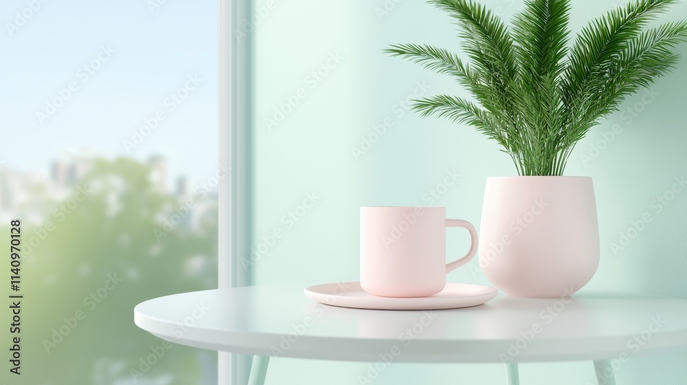 A white table with a pink cup and saucer on it A white table with a pink cup and saucer on it