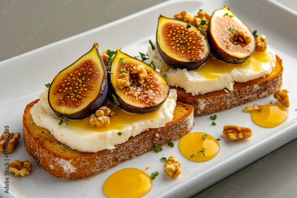 A white plate topped with slices of bread covered in cheese and figs