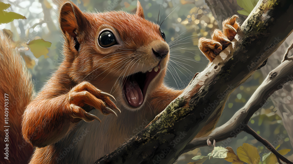 Obraz premium Squirrel grasping a branch with its paws and teeth, paws, teeth, arboreal. Arboreal. Illustration