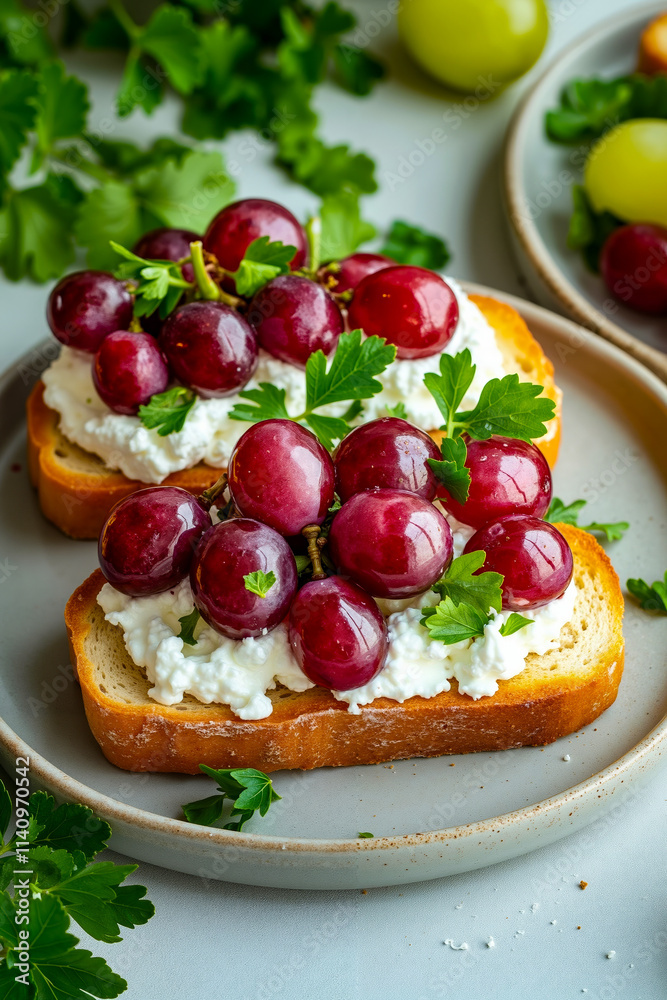 A plate topped with grapes and cheese on top of a piece of bread A plate topped with grapes and cheese on top of a piece of bread