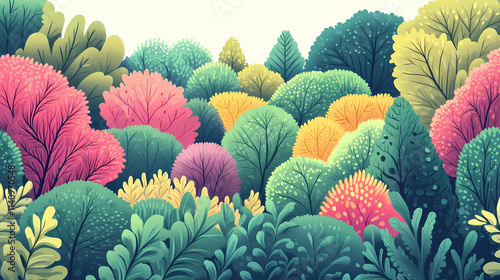 Stunning arboreal view with flourishing shrubbery and vibrant foliage in a thriving ecosystem. arcadia. illustration. Arboreal. Illustration