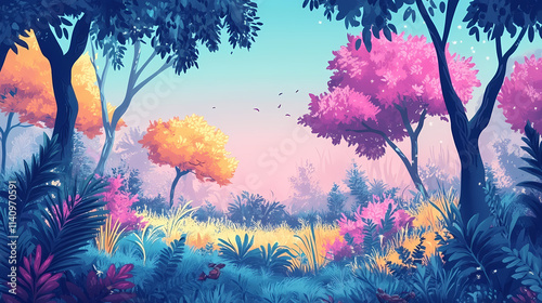 Stunning arboreal view with flourishing shrubbery and vibrant foliage in a thriving ecosystem. arcadia. illustration. Arboreal. Illustration photo