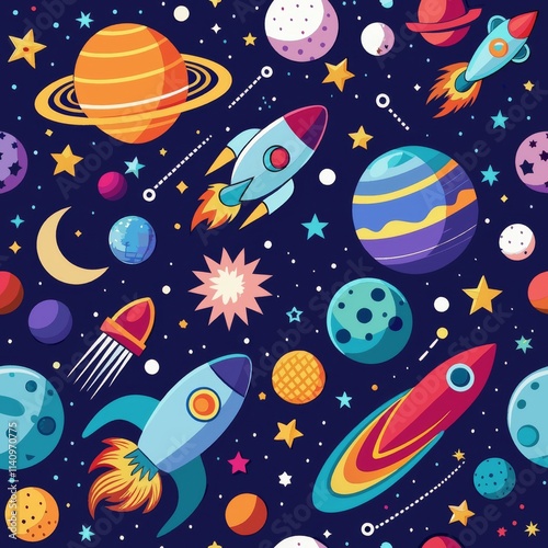 Immerse in the vibrant beauty of outer space, adorned with planets and a rocket. Seamless pattern.
